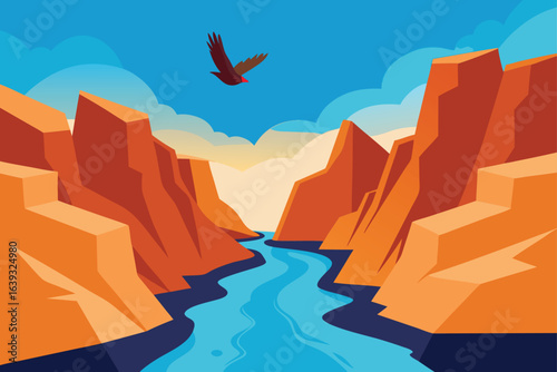 Grand Canyon Vector Landscape with Soaring Bird and Winding River Under a Bright Sky Serene Nature Illustration