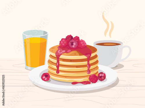 Vector illustration of a pancake breakfast with raspberry syrup, coffee, and orange juice