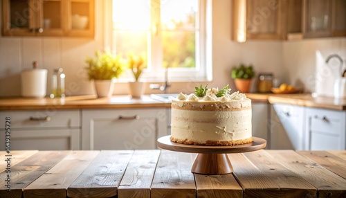 A beautifully decorated cake sits on a wooden stand in a sunlit kitchen, ready to be enjoyed.