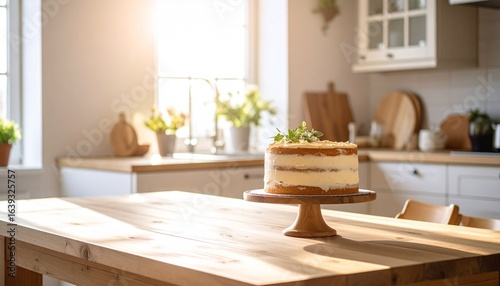 A delicious layered cake sits on a wooden table in a bright, sunlit kitchen.