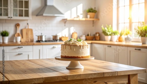 A beautifully decorated cake sits on a wooden table in a bright, sunlit kitchen.