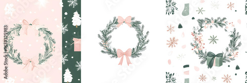 Christmas Wreath Seamless Pattern on Pastel Background