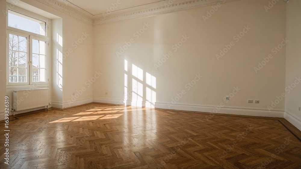 Fototapeta premium Empty living area with parquet flooring and natural light from window