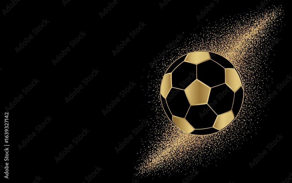 Naklejka premium Elegant golden soccer ball with glitter effect on black background for luxury sports branding, award events, championship promotions, and premium advertising designs