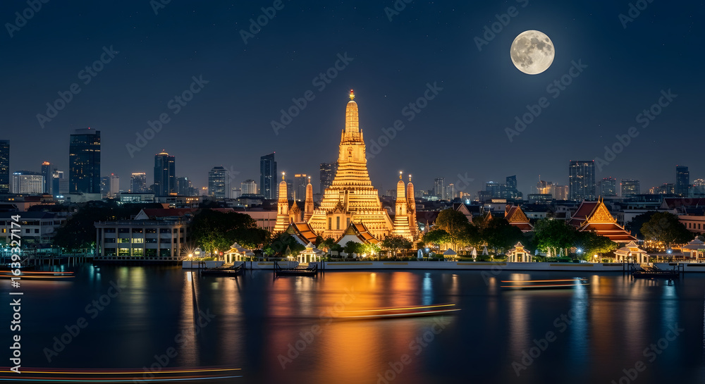 Obraz premium Temple under the Moonlight: The magnificent temple is bathed in the soft glow of moonlight and illuminated by the warm lights.