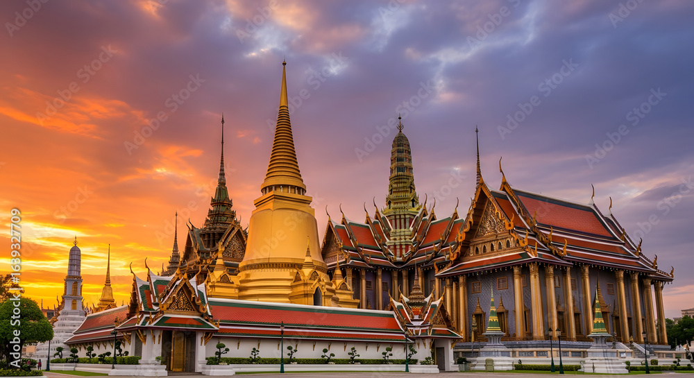 Fototapeta premium Golden Temple's Dawn: A breathtaking sunrise paints the sky above the majestic golden temple with its intricate architecture, a visual hymn to the culture and religion.