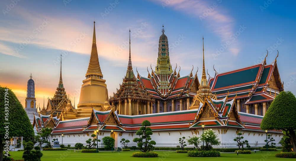 Fototapeta premium The Grand Palace, Bangkok: The resplendent Grand Palace in Bangkok, Thailand, a beacon of cultural heritage, its intricate architecture gleaming under the vibrant sky.