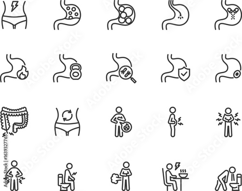 Vector set of stomach disease line icons. Contains icons stomach pain, flatulence, heartburn, diarrhea, belching, bloating, constipation, appendicitis, vomiting and more. Pixel perfect.