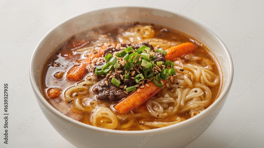 Beef broth noodle soup with homemade egg noodles, ginger, soy sauce, and carrots Beef broth noodle soup with homemade egg noodles, ginger, soy sauce, and carrots