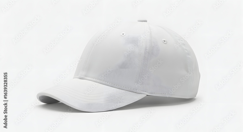 Fototapeta premium A plain white baseball cap is displayed against a bright, neutral background, showcasing its design and shape. Isolated background hat, baseball cap, baseball hat, hat, Front, back and angle view