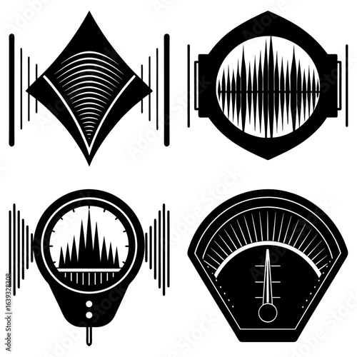 Illustration showing four different black and white measuring devices with various signal displays and gauges