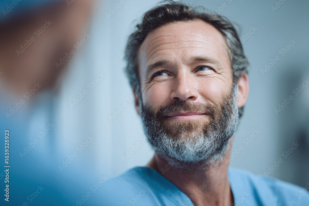 Fototapeta premium Mature male doctor in scrubs looks hopefully towards a colleague. Soft, professional lighting creates a calming and reassuring atmosphere. Ideal for healthcare, teamwork, trust concepts.