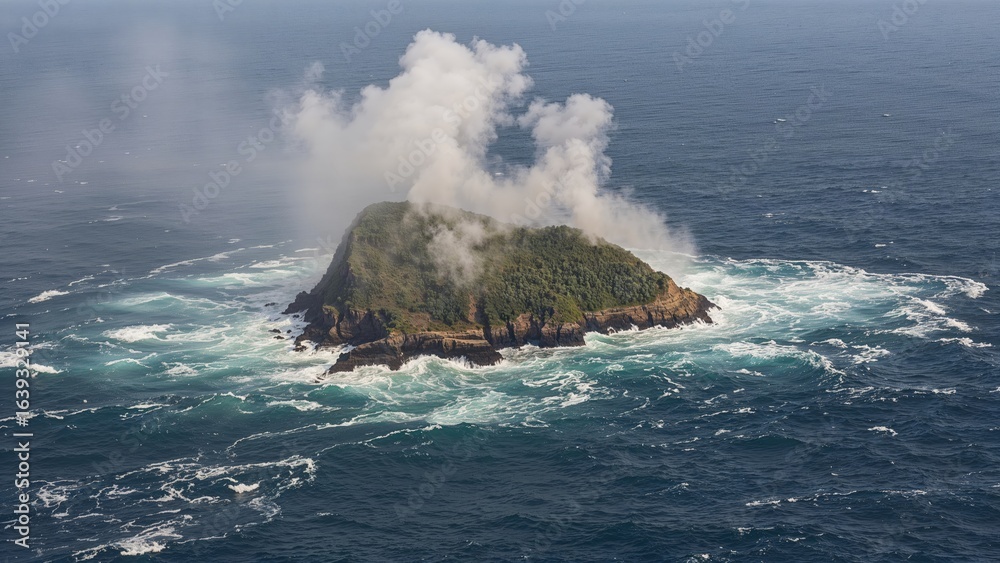 Obraz premium Isolated island amid turbulent sea with towering waves.