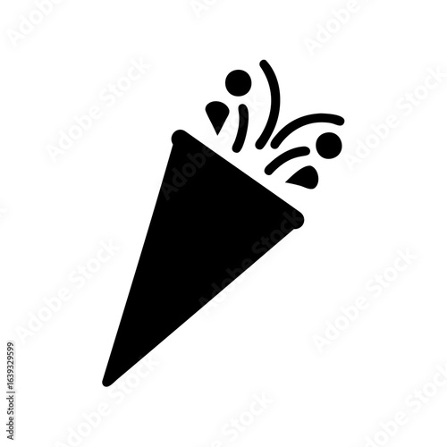 Black silhouette of a party popper icon releasing confetti and streamers