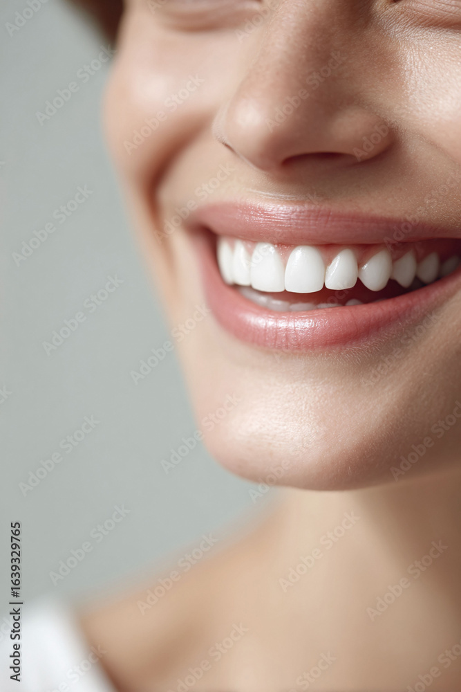 Obraz premium Radiant smile showcasing healthy, bright, white teeth. Perfect for dental care, orthodontics, beauty, and wellness campaigns. Closeup portrait emphasizing positivity and oral hygiene.