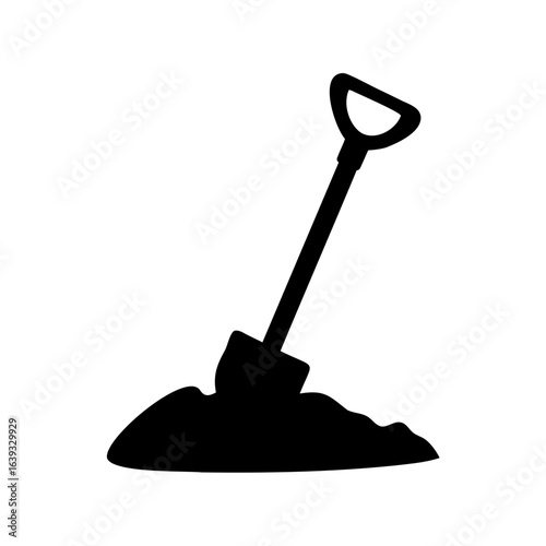 Black and white minimalist illustration of a shovel in the ground silhouette
