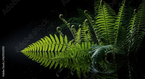 Bright Green Ferns with Dew Drops Reflection in Dark Water