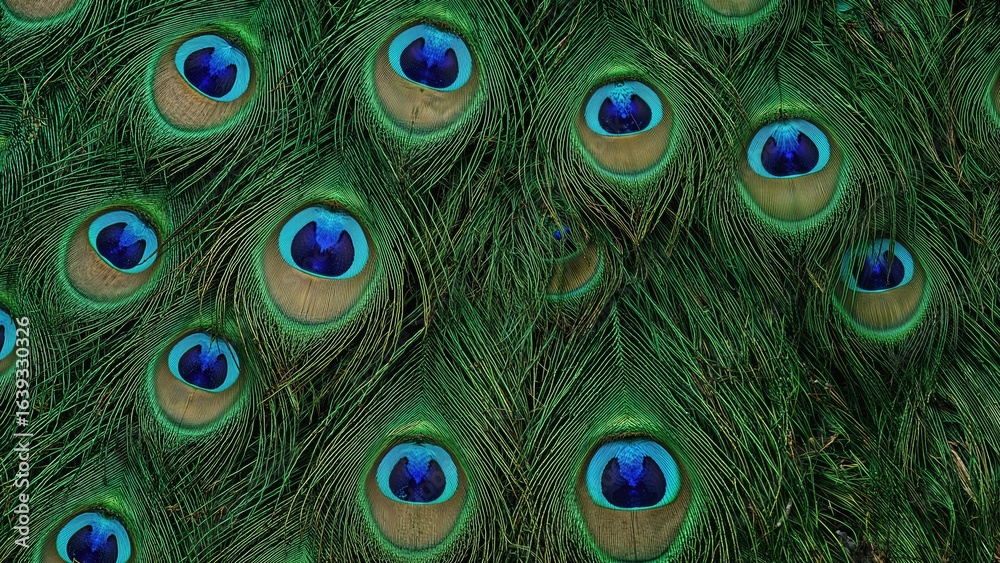 Obraz premium A detailed view of the vibrant blue and green plumage of a peacock, emphasizing the complex designs and textures of the feathers.
