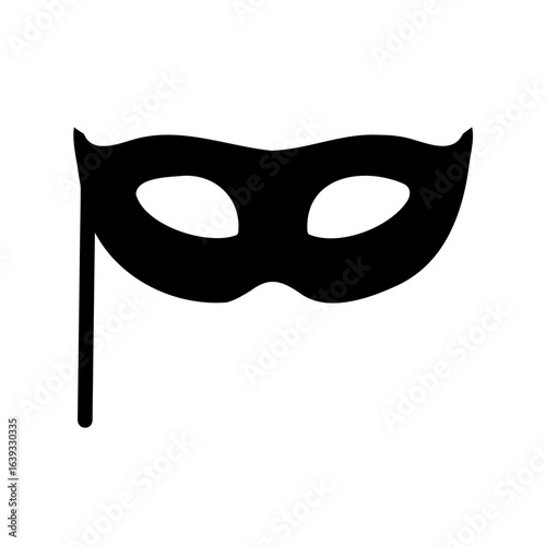 Single black carnival mask with stick isolated on a white background