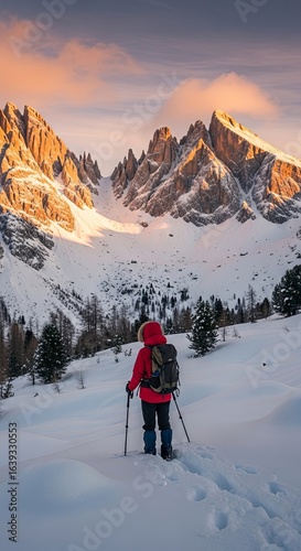 Adventurer Hiking in Snowy Mountains at Sunrise with Dramatic Peaks