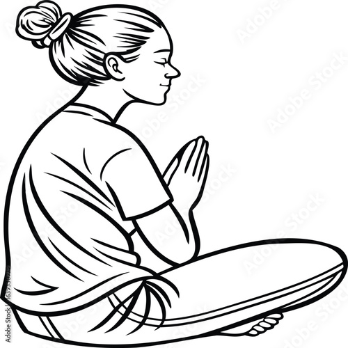 Line art illustration of woman sitting cross legged in meditation pose with hands in prayer isolated on white background