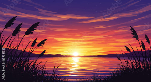 Serene sunset landscape illustration over a tranquil lake with colorful sky and reed silhouettes