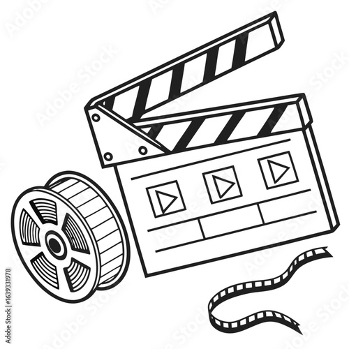 Classic film clapperboard and reel with film strip iconography