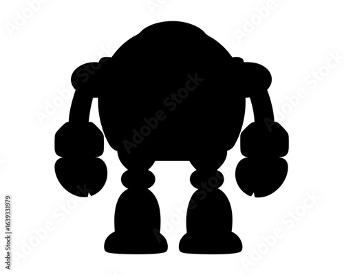 Silhouette of Robot Figure, Cartoon Character with Bulbous Limbs on White Background