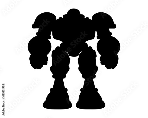 Silhouette of a large futuristic robot with heavy plating and powerful limbs