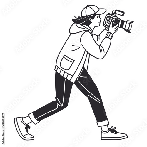 Creative person in a hoodie and cap holding a professional video camera and shooting