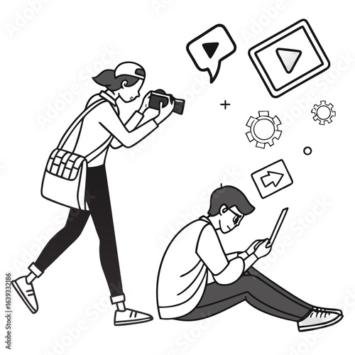 Creative professionals collaborating on digital content creation with cameras and tablets