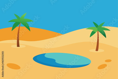Tropical desert oasis with palm trees and a tranquil pool under a bright blue sky creating a serene vacation getaway