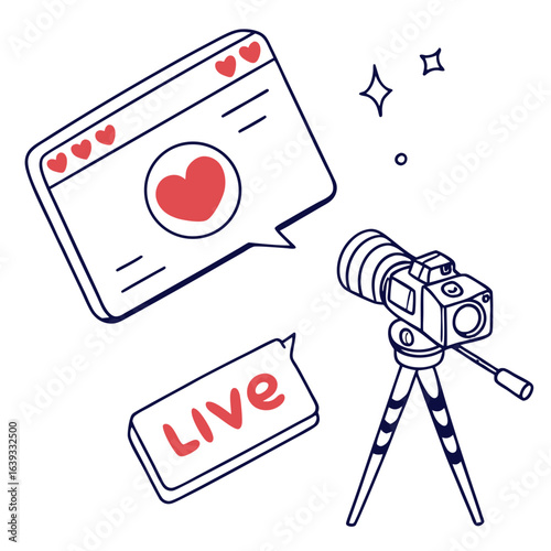 Doodle style illustration of a camera on a tripod with a live notification and social media likes