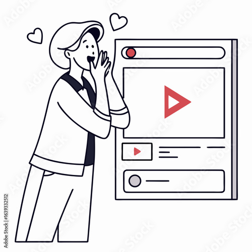 Excited person watching a video on a digital screen with hearts floating around