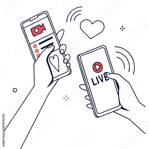Hands holding smartphones broadcasting live video and receiving likes during a social media stream
