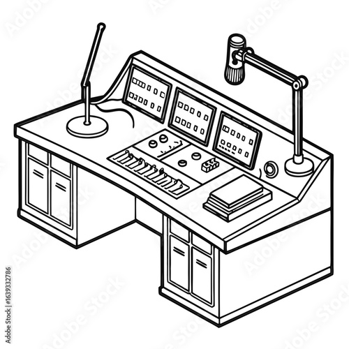 Illustration of a vintage radio broadcast studio desk with microphones and control panel