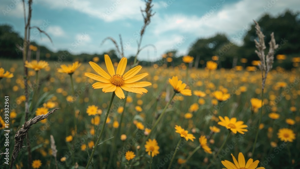 Fototapeta premium Sunlit yellow flowers thriving in the heat of summer