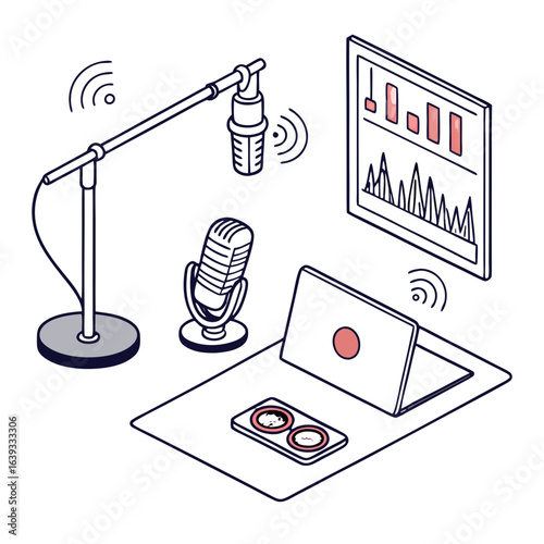 Modern podcasting setup with microphones laptop and audio monitoring equipment