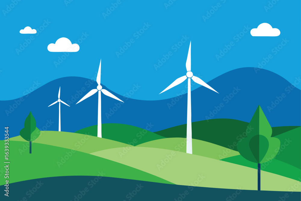 Fototapeta premium Vector Illustration of Wind Turbines on Green Hills with Blue Sky and Clouds Clean Energy Concept