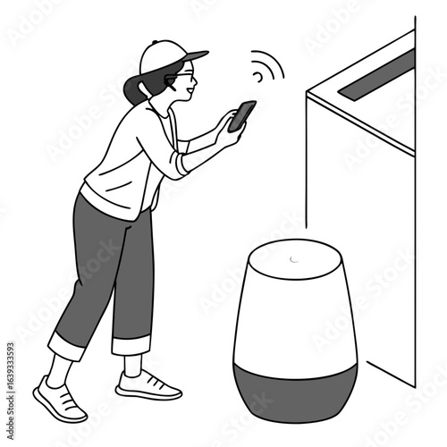 Person using a smartphone to control a smart speaker in a modern room