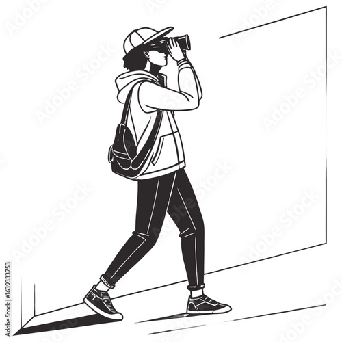 Person wearing a backpack and baseball cap looking through binoculars while walking