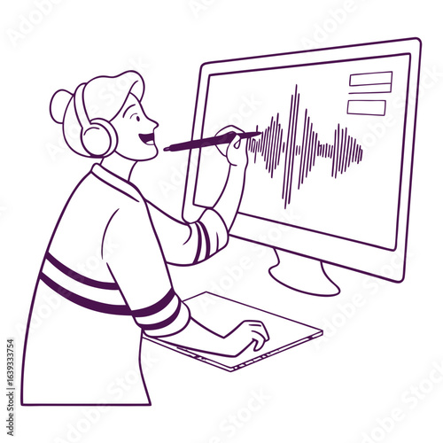 Person wearing headphones editing audio waveform on computer screen with stylus and tablet
