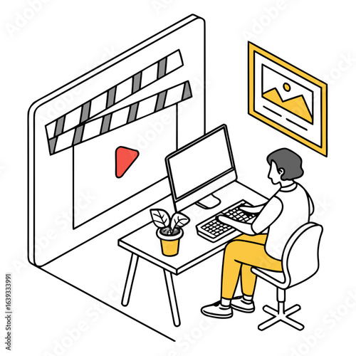 Person working on a computer with a large screen displaying a clapperboard and play button