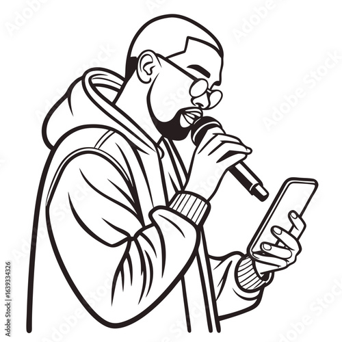 Stylish man in glasses and hoodie holding a microphone and smartphone