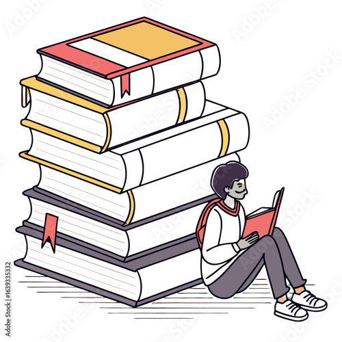 Young person sitting and reading a book next to a tall stack of books