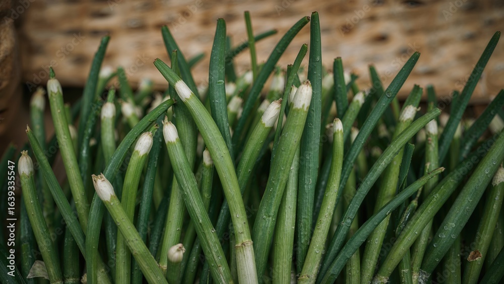 Obraz premium Tender young scallions on display at the marketplace
