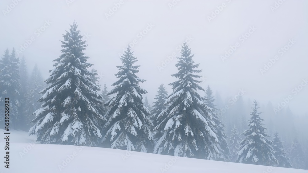 Fototapeta premium Misty winter scene featuring trees blanketed in snow