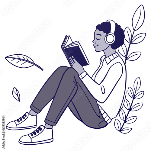 Young woman with headphones enjoys reading a book surrounded by stylized leaves and plants