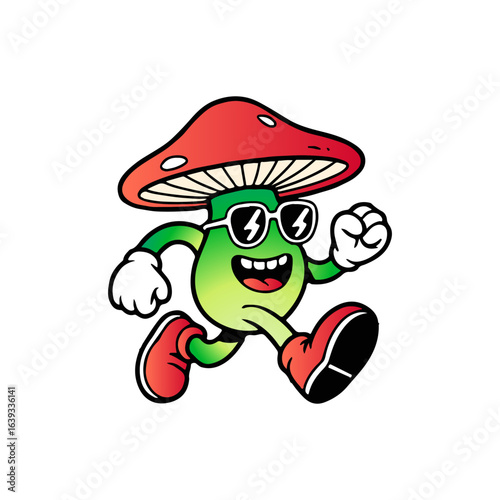 Fun Cartoon Mushroom Character with Sunglasses and Sneakers for Playful Branding