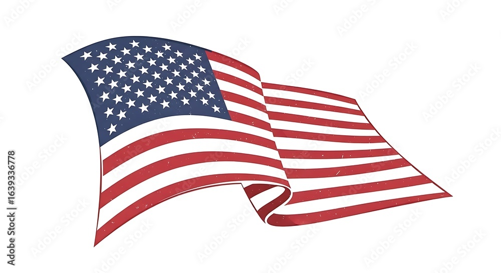 Fototapeta premium A patriotic illustration of the American flag waving proudly. The national banner of the United States, a symbol of freedom and democracy, isolated on a white background.